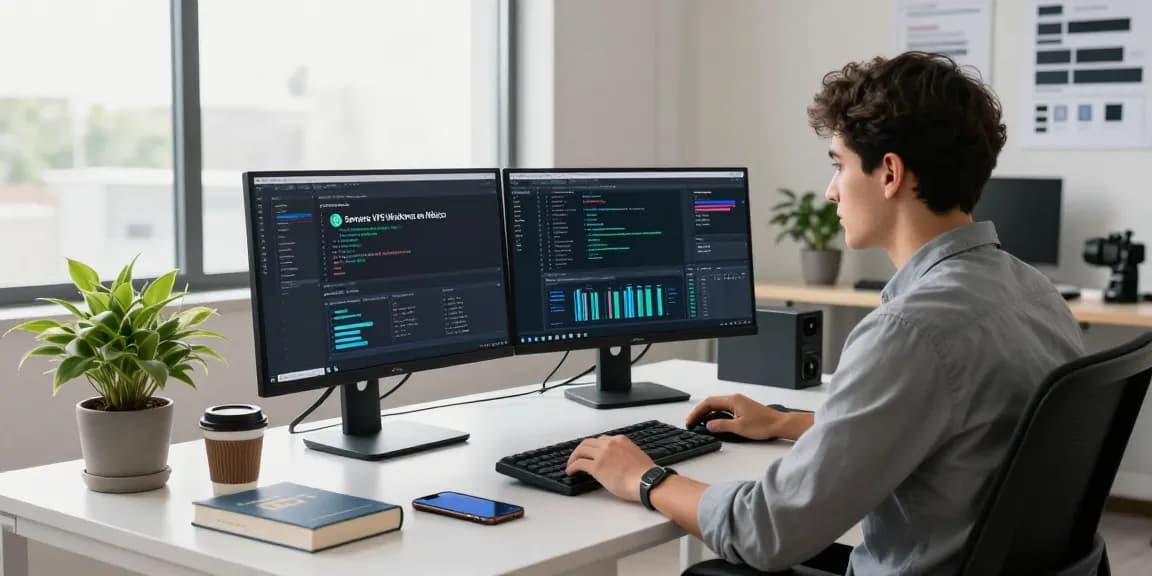 Vista moderna de Servidores VPS Windows en México en una oficina elegante, mostrando a un ingeniero de software trabajando.