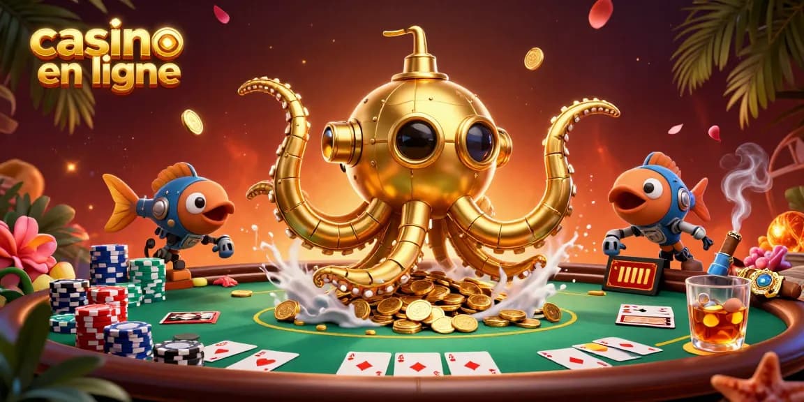 Le kraken doré surgit dans une mer de pièces d'or sur un casino en ligne animé.