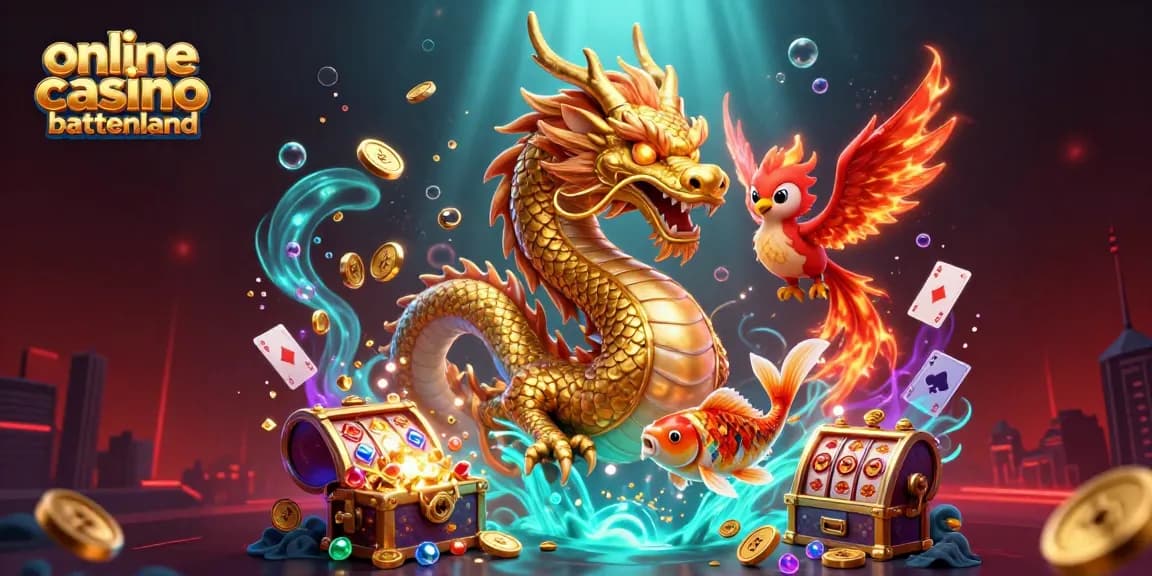 Engaging online casino buitenland scene showcasing a dragon, phoenix, and koi fish among casino treasures