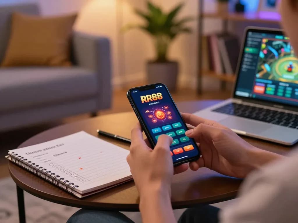 Engaging with RR88 casino app on smartphone, showcasing strategic betting in a cozy home setting.