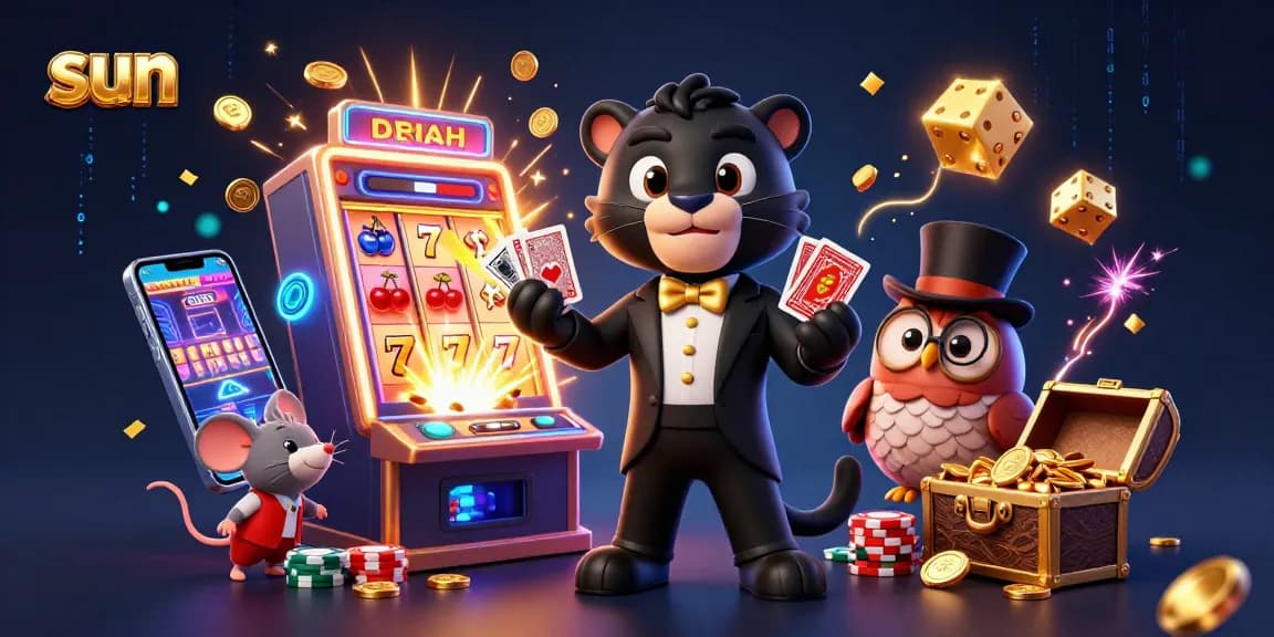 Sun-themed gambling illustration with a stylish panther dealer, owl, mouse, and a jackpot slot machine bursting coins.