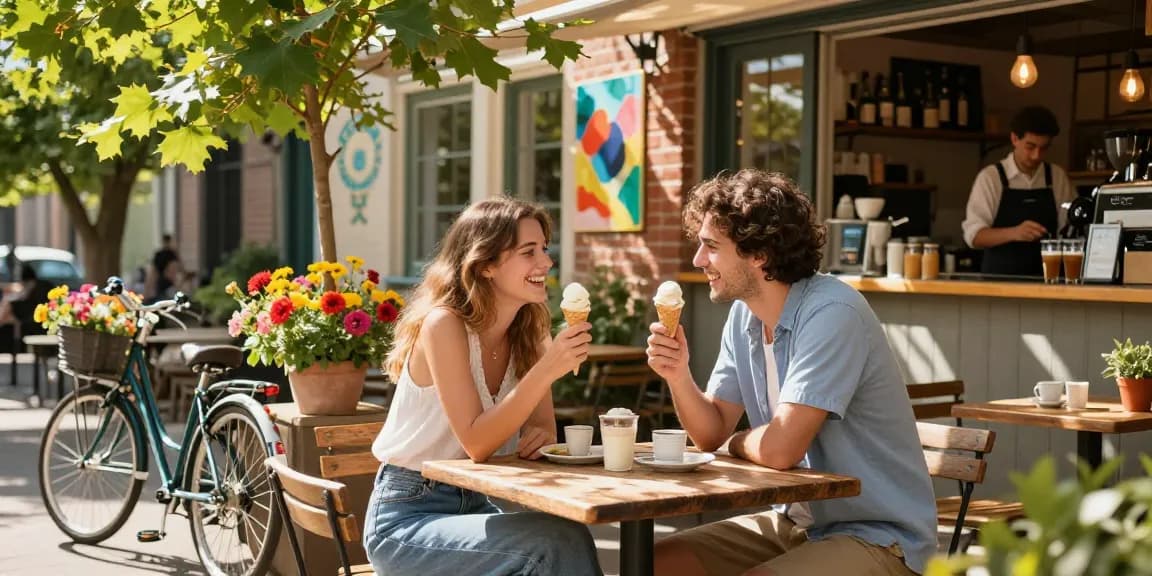 Young couple sharing ice cream cones outdoors, capturing the feeling of having a crush on someone.