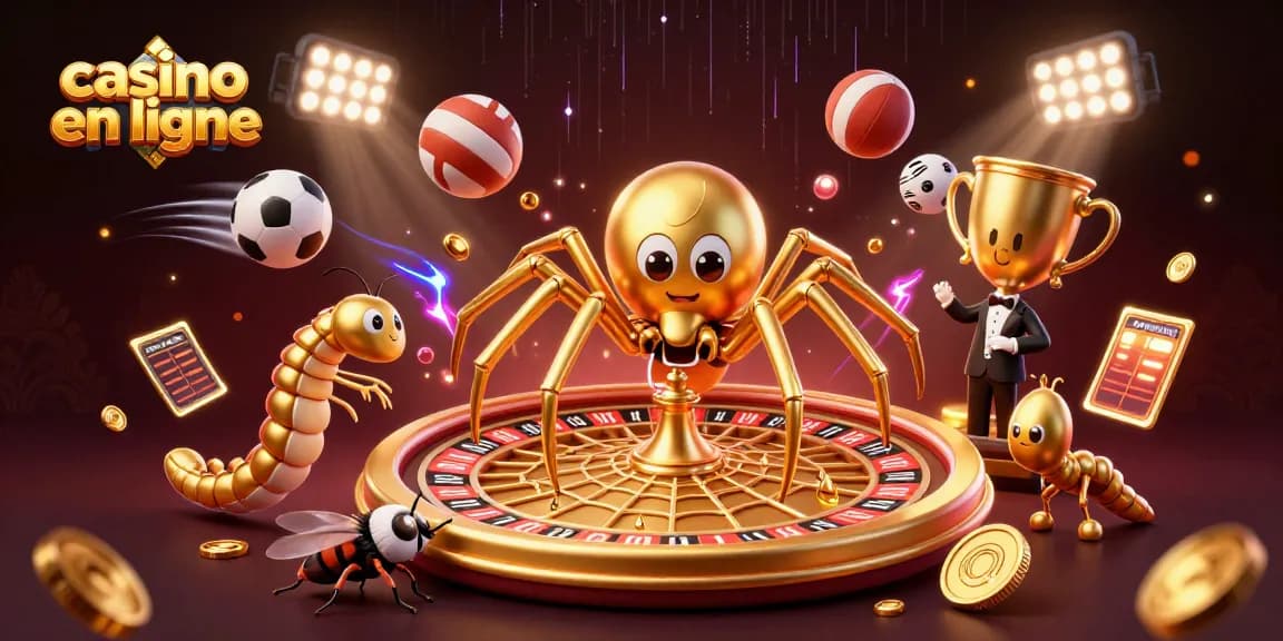 Pariez et gagnez sur casino en ligne, avec une araignée dorée et croupiers dynamiques.