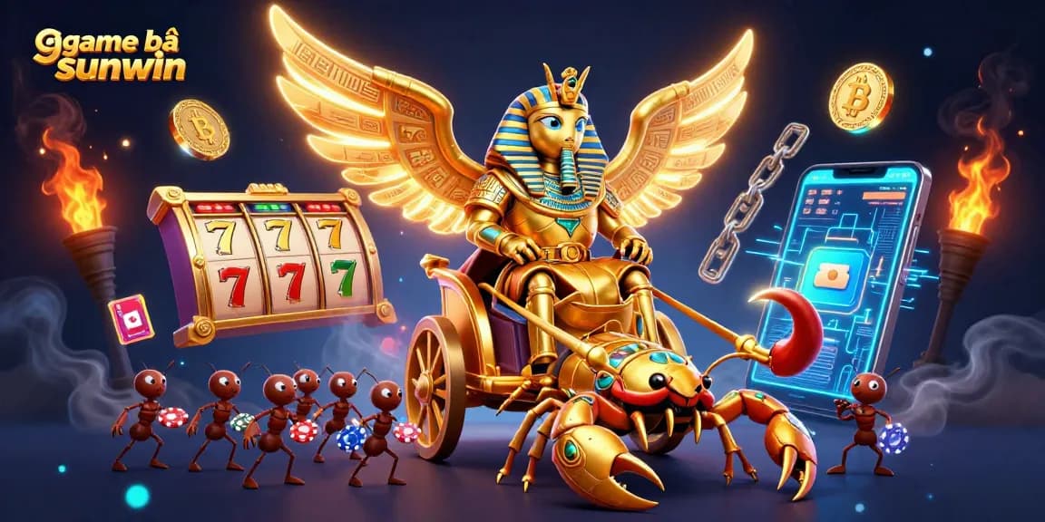 Engage in exciting game bài sunwin with a vibrant scene of a golden beetle and scorpion chariot amidst casino elements.