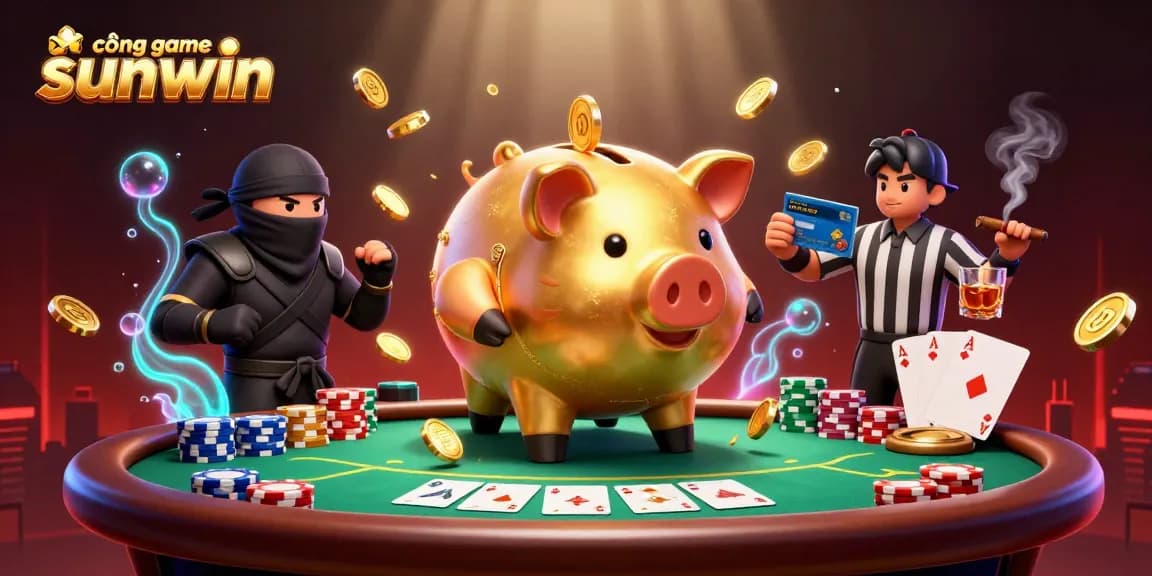 Experience vibrant gameplay action at cổng game sunwin with a dynamic illustration of gambling characters and fun features.