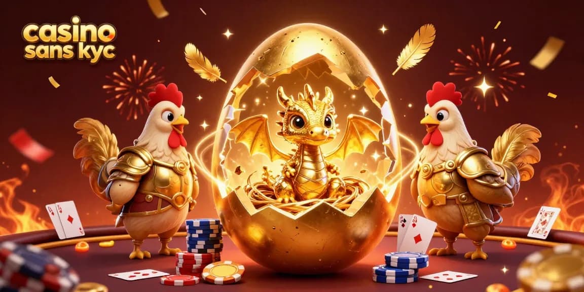 Jouez sans vérification d'identité dans le casino sans KYC avec un dragon doré et des jetons de poker.