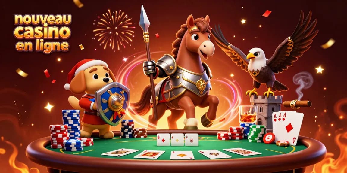 Découvrez l'univers du nouveau casino en ligne avec un chevalier, un chiot écuyer, et un faucon en action.