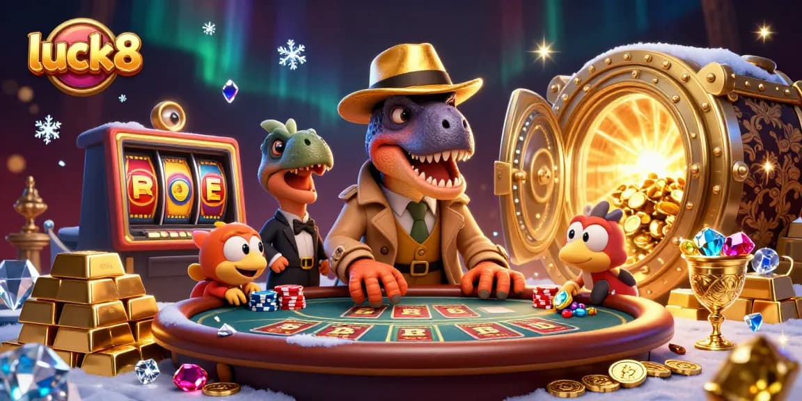 Win big at luck8 with a cartoon velociraptor card counter and amazing casino treasures!