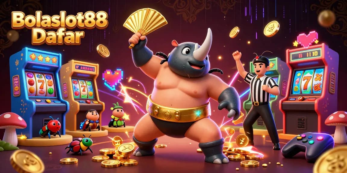 Bolaslot88 Daftar showcases a vibrant casino scene with a beetle champion and game elements for gambling enthusiasts.