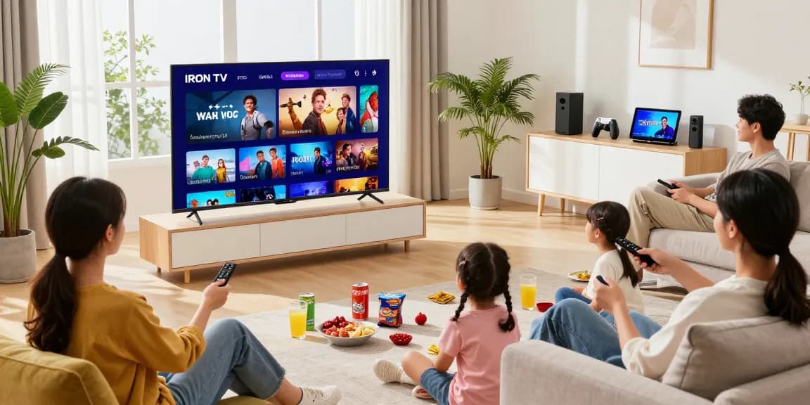 Family enjoying IRON TV streaming service in a cozy living room