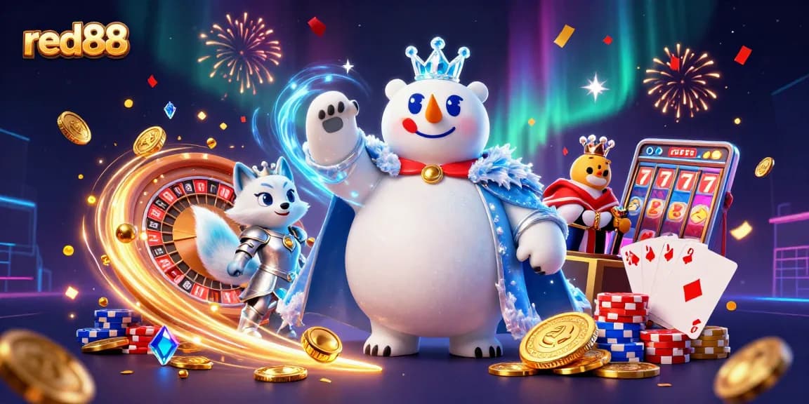 Experience the excitement of red88 with cascading golden coins and vibrant casino elements in this animated scene!