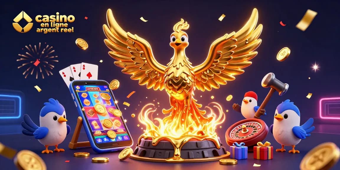 Illustration d'un casino en ligne argent réel avec un phénix doré et des jeux colorés.