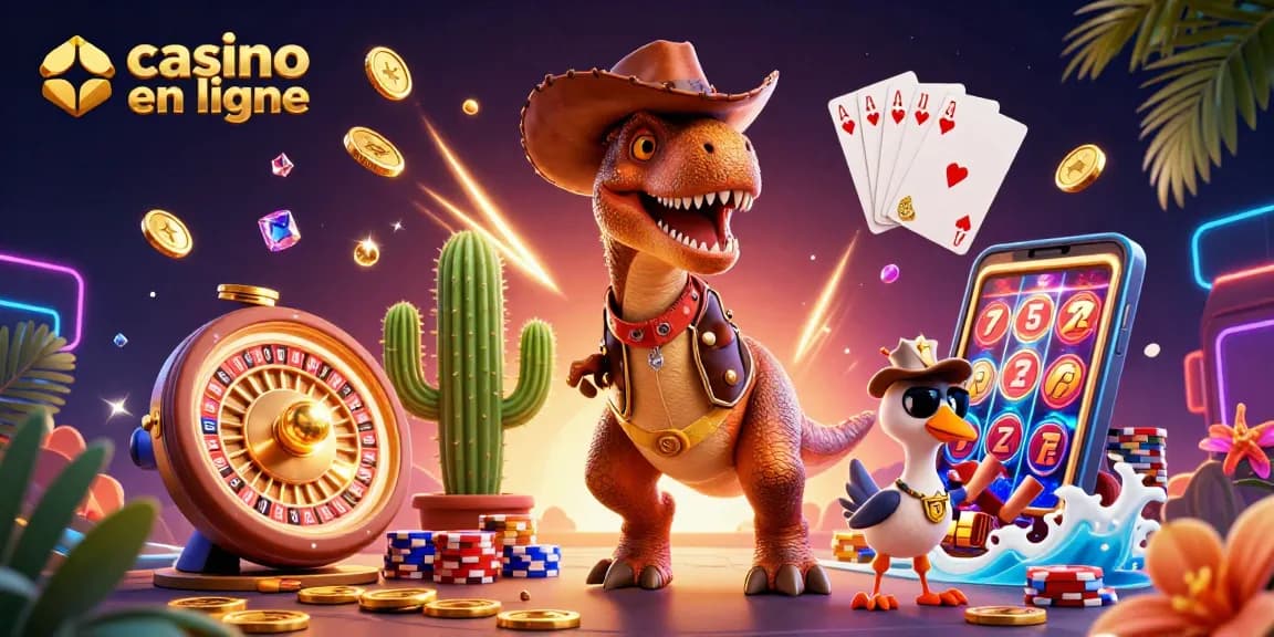 Gagnez gros au casino en ligne avec un dinosaure cowboy, des machines à sous et des pièces en or!