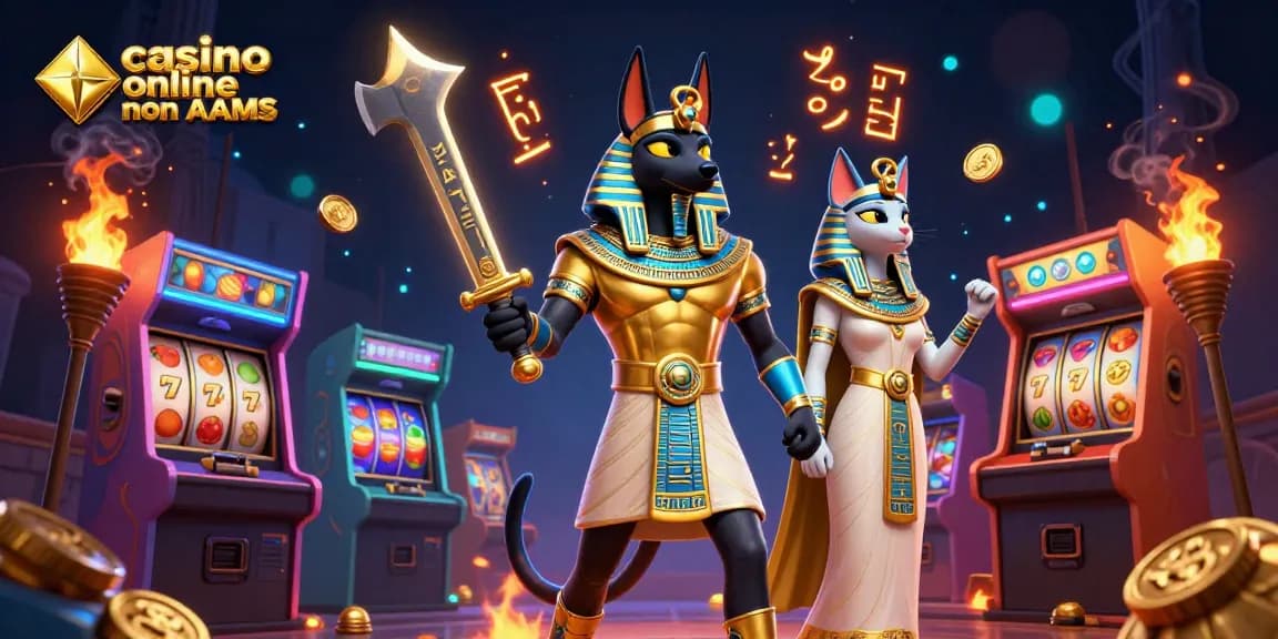 Interagisci con scene vibranti in un casino online non AAMS featuring Anubis in armatura dorata tra giochi ed elementi luminosi.