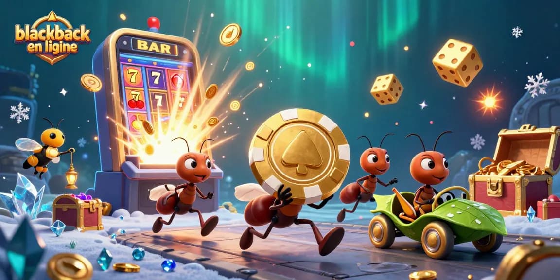 Découvrez le blackjack en ligne dans un environnement riche en éléments de casino animés, illustrant une aventure ludique.