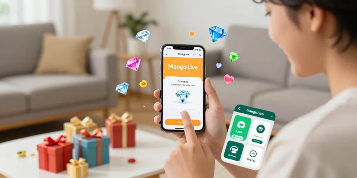 Mango Live top up transaction on smartphone, user engaging with easy payments and colorful diamonds in vibrant digital space.