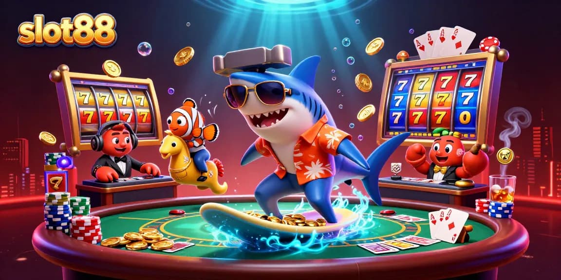 Experience the thrill of slot88 as a hammer-head shark surfs amidst golden coins and slot reels.