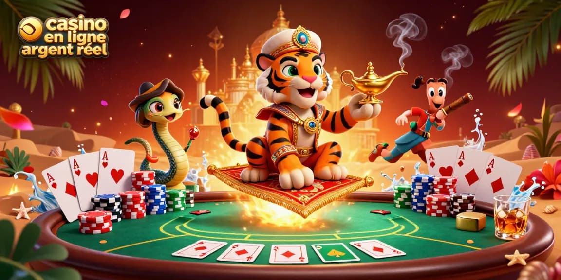 Plongez dans le monde vibrant de casino en ligne argent réel, avec un sultan sur un tapis de jetons de poker parmi des richesses et des éléments de jeu.