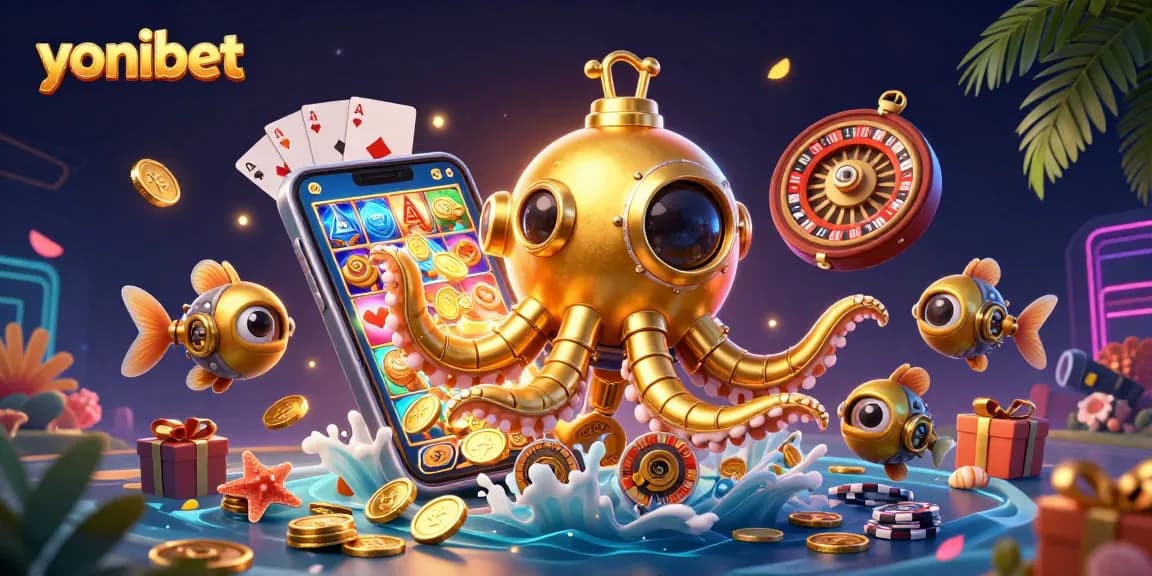 Join the excitement at yonibet with a golden kraken submarine surfacing through golden coins in a lively casino scene.