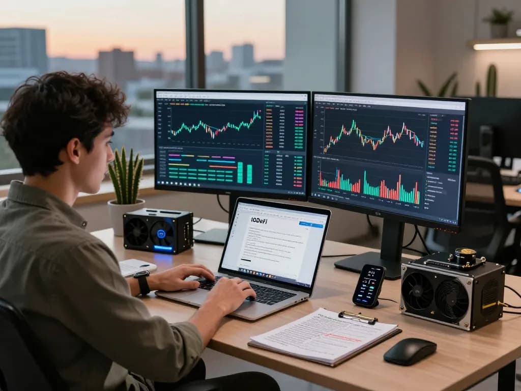 Analyst at a tech workspace reviewing data on the IODeFi official website for cryptocurrency cloud mining.