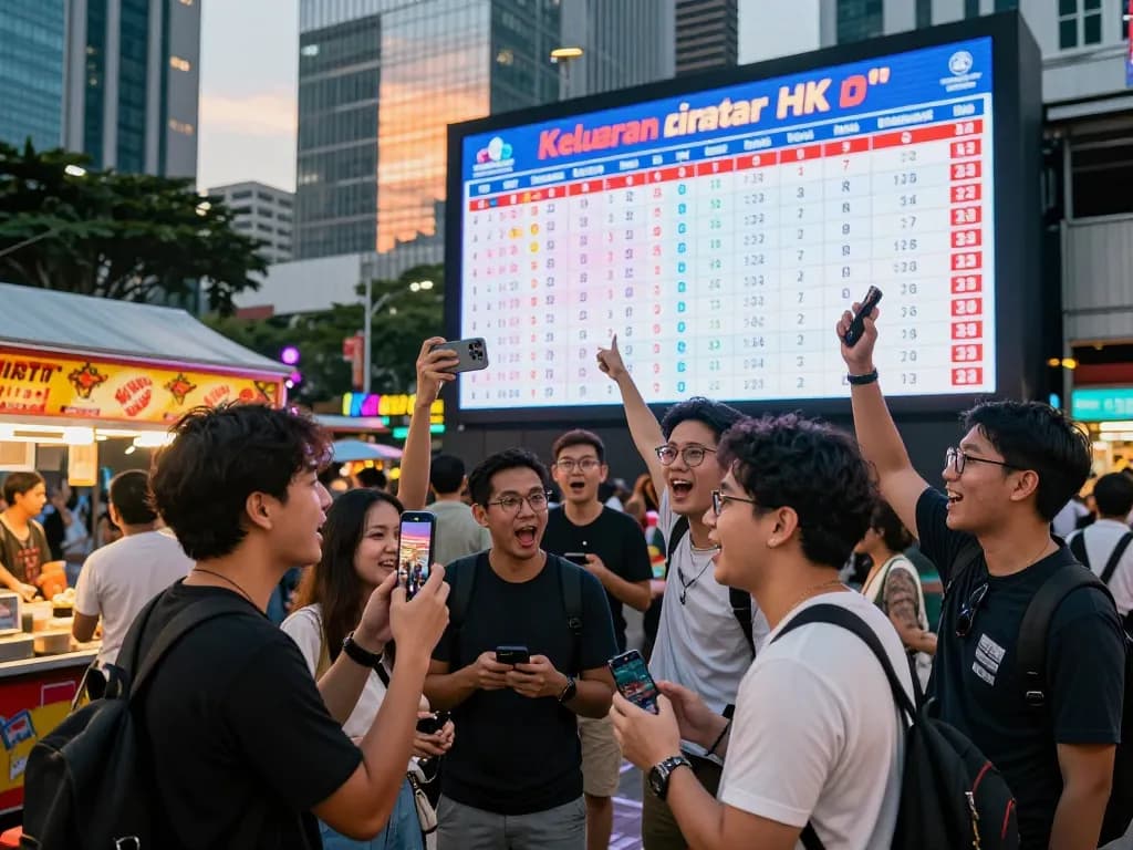 Keluaran HK results celebration with young adults in urban setting.