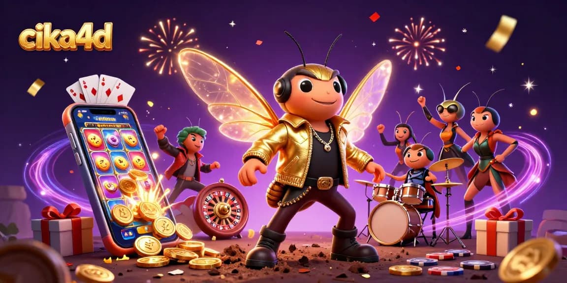Cika4d showcases a lively 3D scene with a cicada rock star and gaming elements, celebrating online slots.