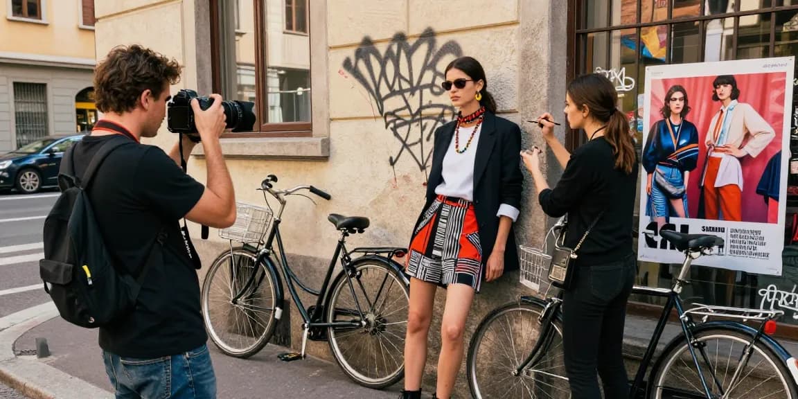 Des services photographiques mode Milano capturés dans une ambiance urbaine dynamique avec un modèle et un photographe professionnels.