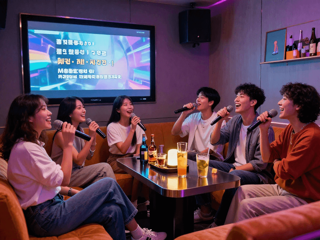 강남 엘리트에서의 프라이빗 가라오케 즐기는 모습, 친구들과 함께하는 즐거운 분위기