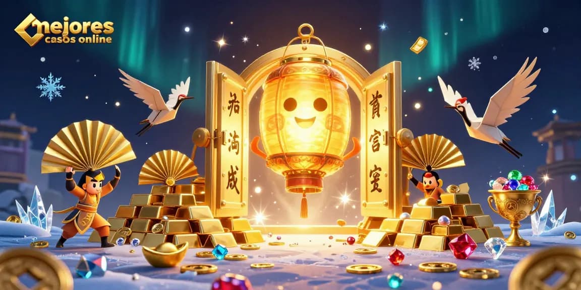 Descubre los mejores casinos online en un mercado lleno de luces doradas y elementos de juego vibrantes.