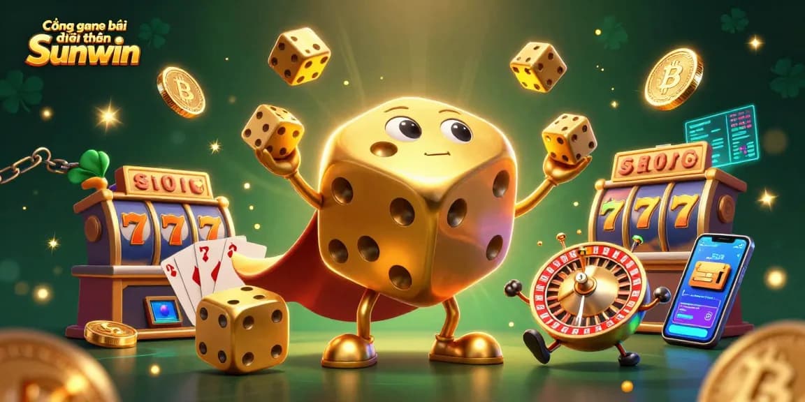 Cổng game bài đổi thưởng Sunwin highlights a golden dice golem and jackpot symbols in a vibrant gaming scene.
