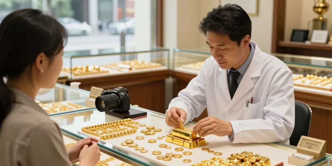 Expert évaluant le cours de l'or dans une bijouterie, ambiance chaleureuse.