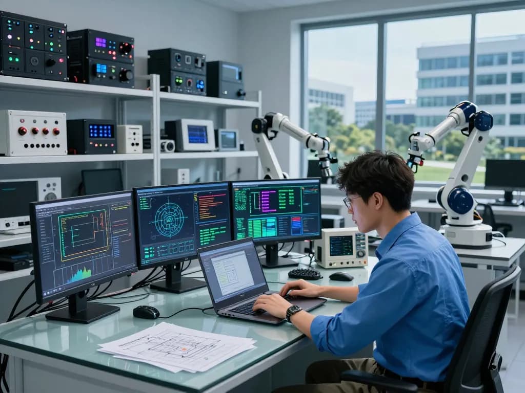 Engineer at Hải Phòng Tech programming automation sensors in a high-tech lab.