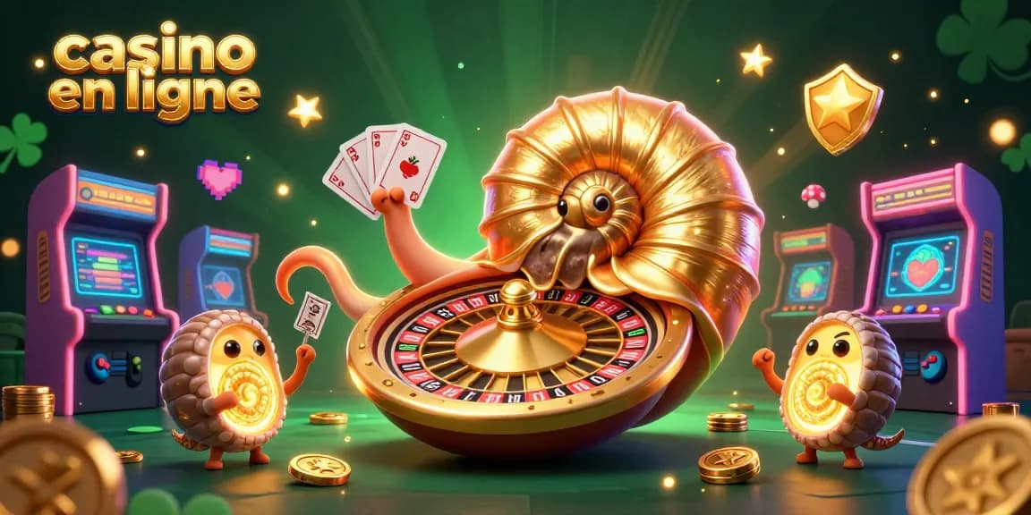 Illustrez le vibrant monde du casino en ligne avec un nautilus géant et des éléments de jeux brillants.