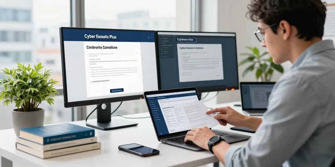 Consultant analyzing Cyber Essentials Plus certification requirements in a modern cybersecurity office