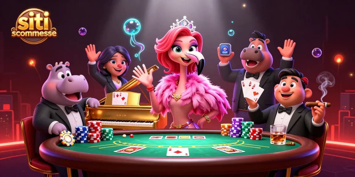 Giocatori di siti scommesse si divertono al tavolo da poker con chips e carte colorate.