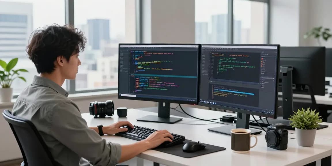 Developer coding at modern tech workspace with multiple screens showing software applications at https://www.bdtjl.app/