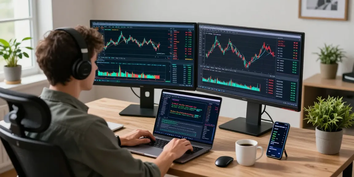 Trader analyzing market trends using mt5 on dual monitors in a modern office.
