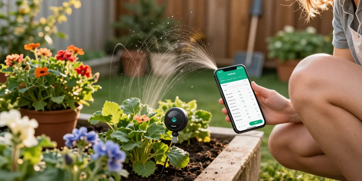 Gardener using a RainPoint water timer to monitor and maintain plant health in a vibrant backyard garden.