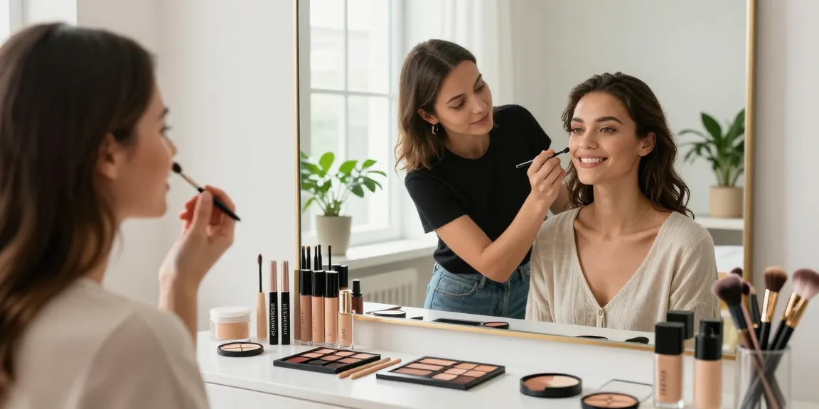 Model receiving makeup application with Skone products from wholesale makeup suppliers, showcasing beauty artistry.