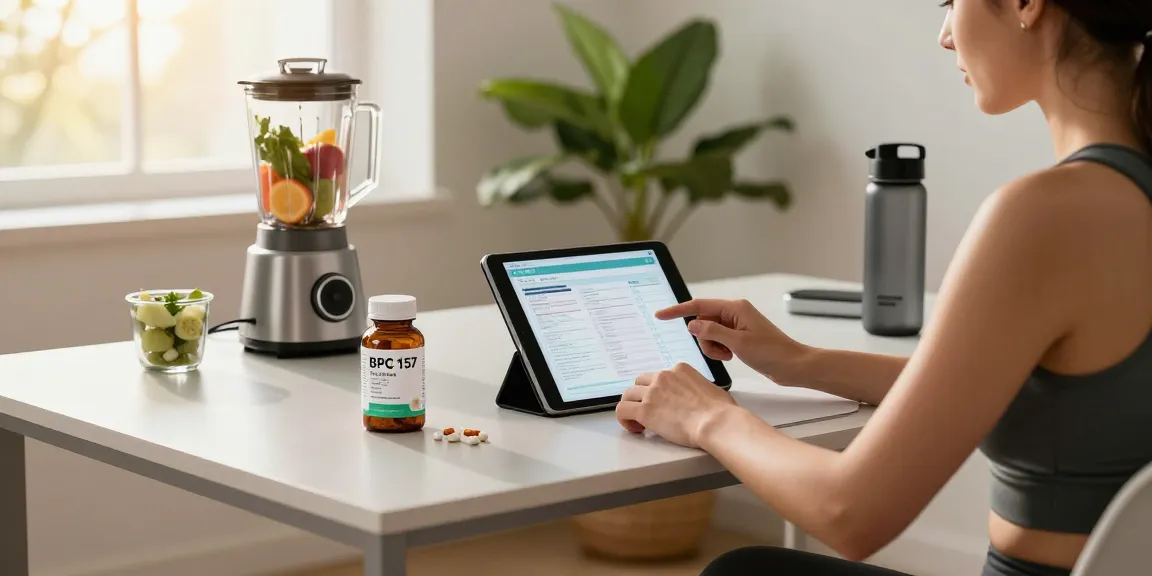 Explore BPC 157 benefits in a sleek wellness workspace featuring supplements, fresh produce, and a calming atmosphere.
