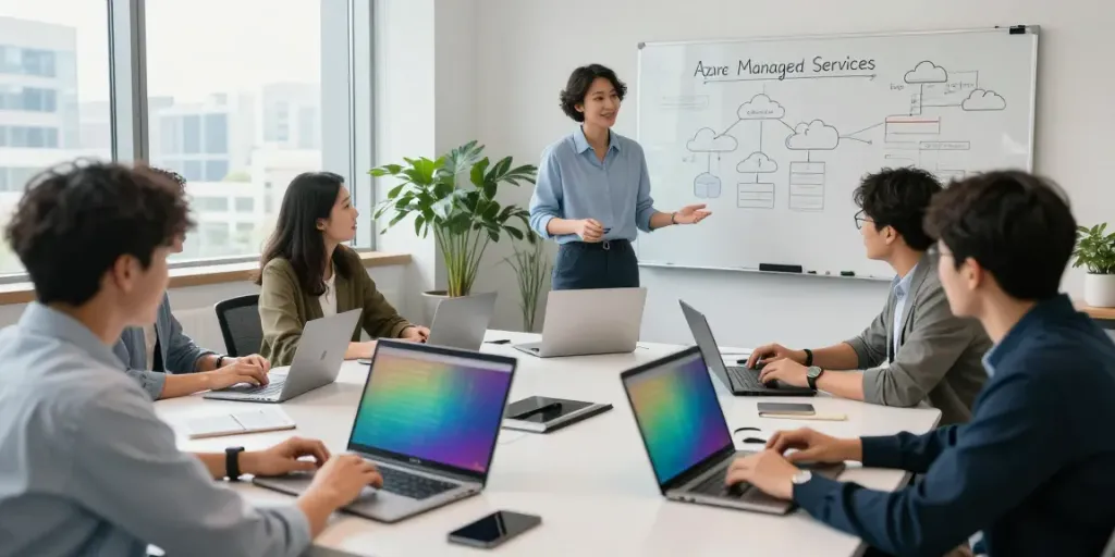Collaborative Azure managed services team strategizing in a modern office environment.