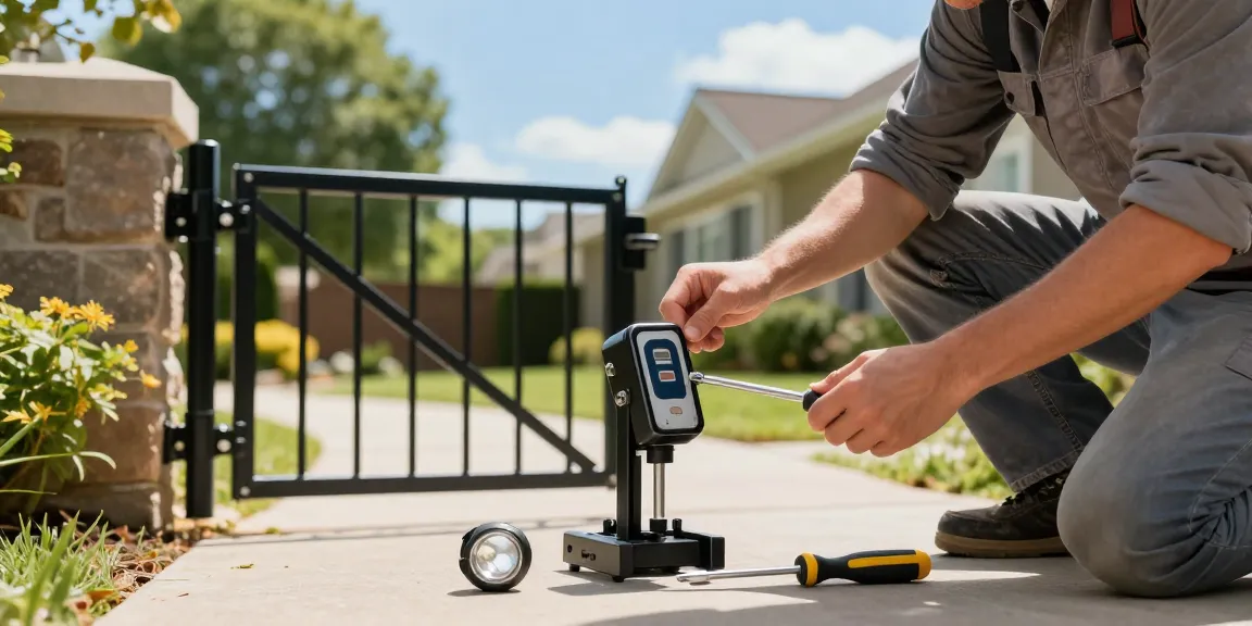 Mighty Mule gate opener troubleshooting with a user examining a control panel in a sunny backyard setting.