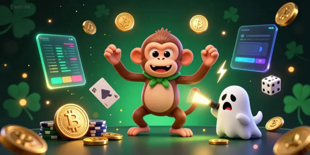 Experience thrilling gaming with wabohk as a playful monkey juggles vibrant casino icons in a mystical setting.