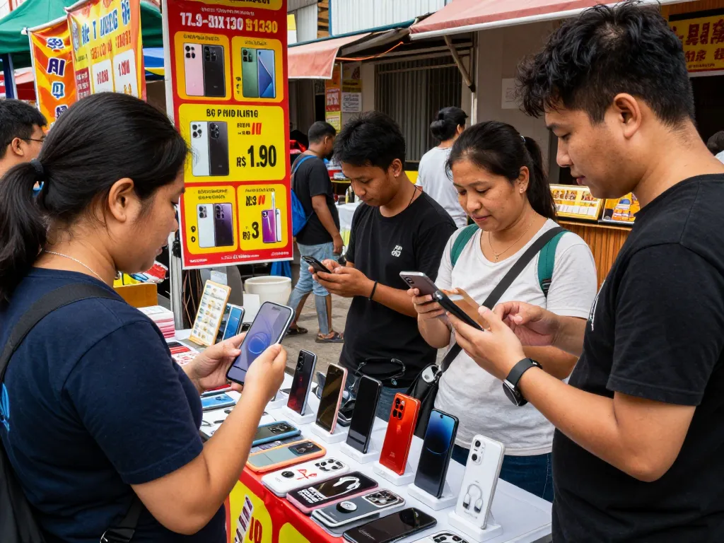 Mobile Phone deals showcased in vibrant marketplace with shoppers engaging.