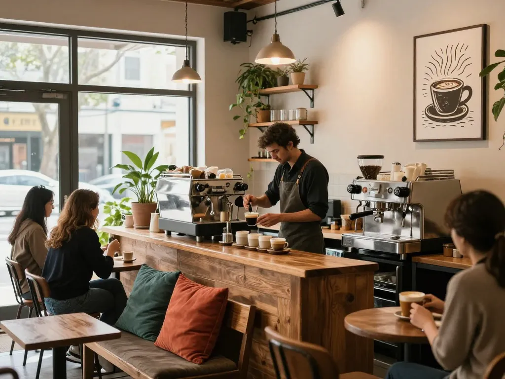 Inviting coffee shop decoration with barista brewing espresso, natural light, and cozy seating.