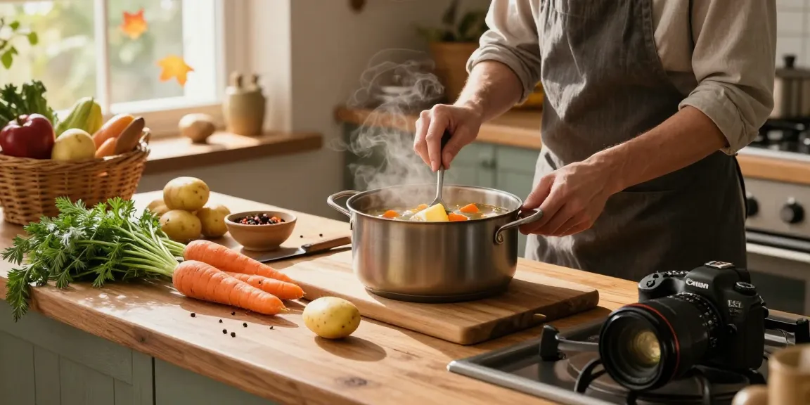 Leckere vegetarische Suppenzubereitung, die frische Zutaten und eine warme herbstliche Küchenatmosphäre hervorhebt.