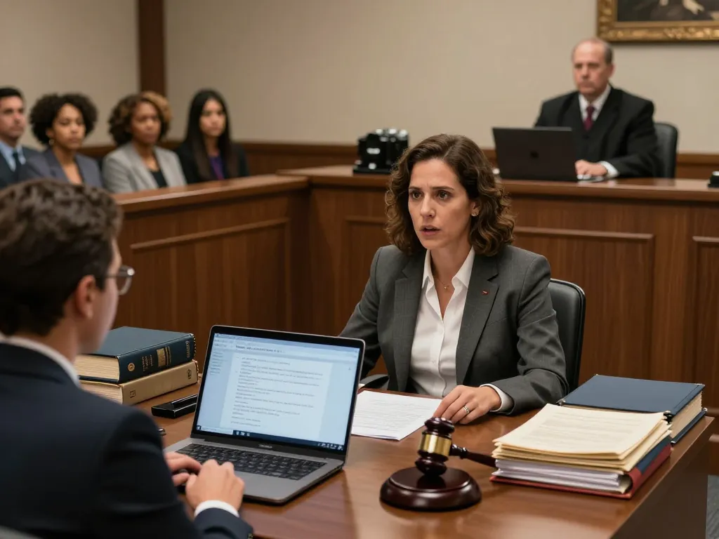 Tampa criminal defense attorney passionately defending a client in a courtroom with legal documents.