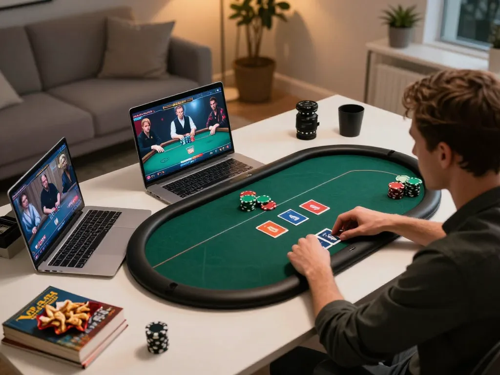 Engage in thrilling online poker with rokok88 as players strategize in a modern home environment.