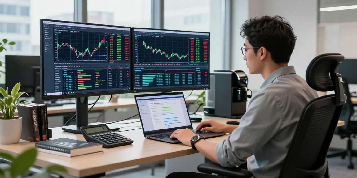 Trader using MetaTrader 5 on multiple screens in a modern office.
