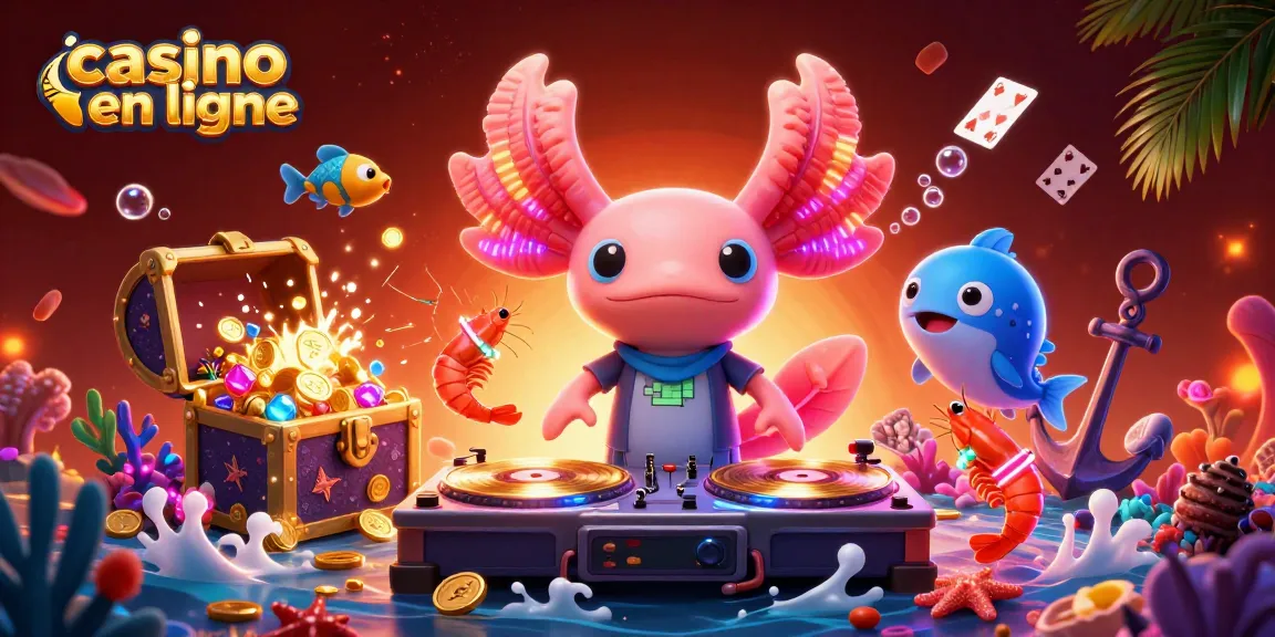 Découvrez l'univers des jeux sur le casino en ligne avec un DJ axolotl vibrant et des personnages marins dans une scène dynamique.